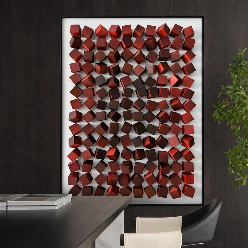 简约现代3d立体木块装饰画轻奢别墅样板间背景挂画客厅过道壁画红图片
