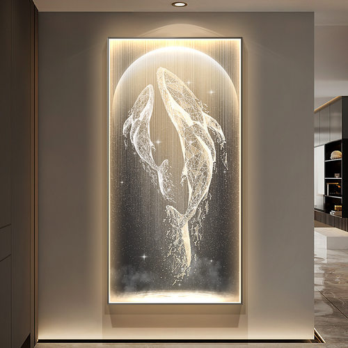 鲸鱼玄关装饰画竖版现代轻奢LED灯壁画大气抽象玄幻走廊尽头挂画