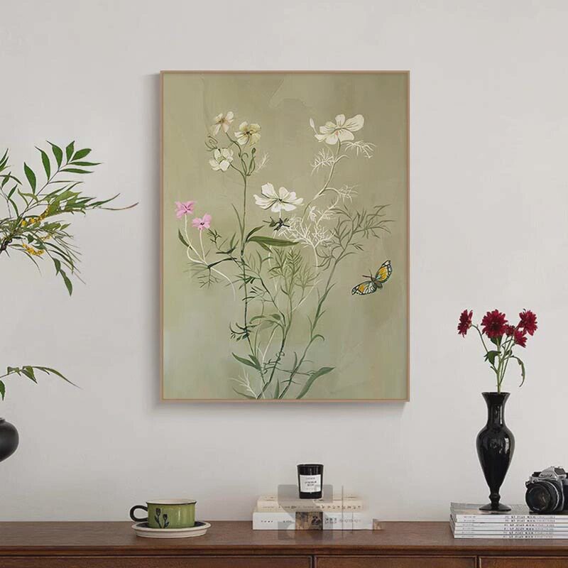 轻法式碟恋花绿色花卉客厅背景墙挂画新中式春天治愈系竖版装饰画