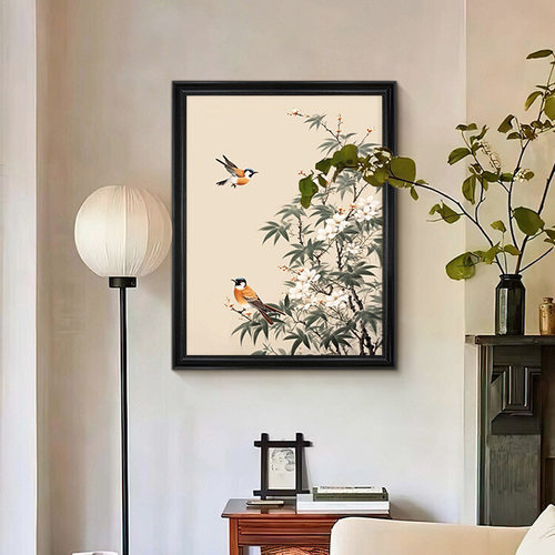 中古风喜上枝头客厅装饰画抽象花鸟图复古手绘油画动植物玄关挂画