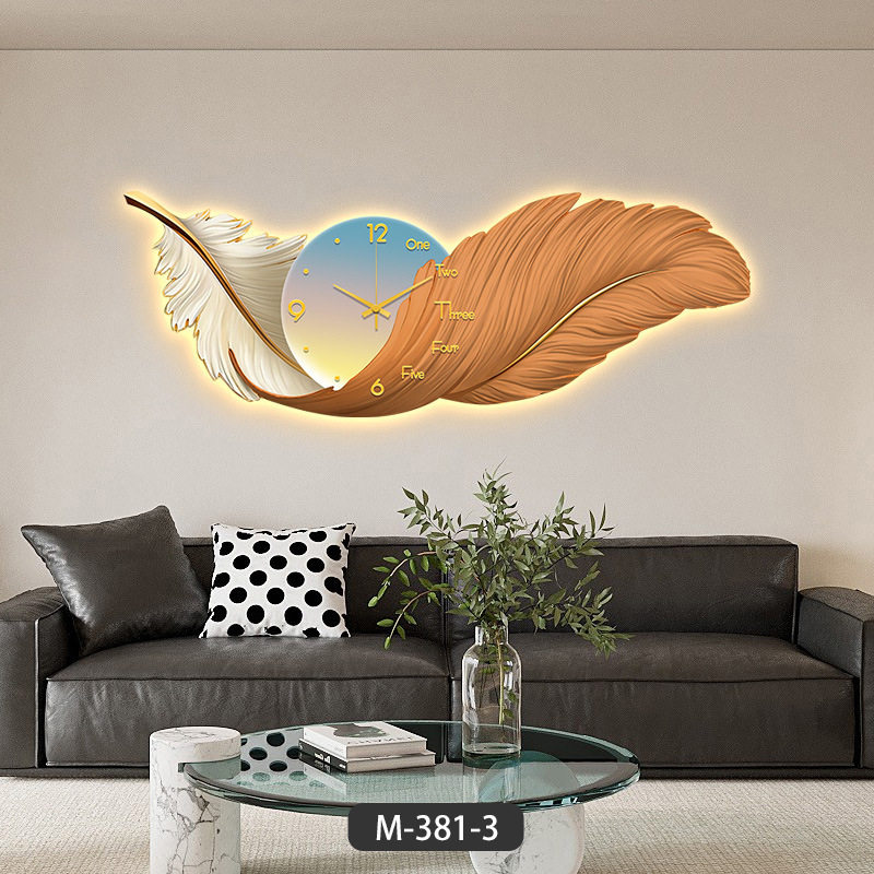 led带灯钟表壁画羽毛轻奢高档大气高级感饭厅餐厅装饰画客厅挂画