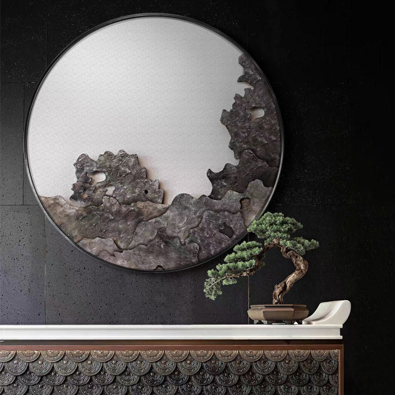 新中式玄关禅意装饰画圆形墙面挂画餐边柜中式风格装修餐厅床头灰图片