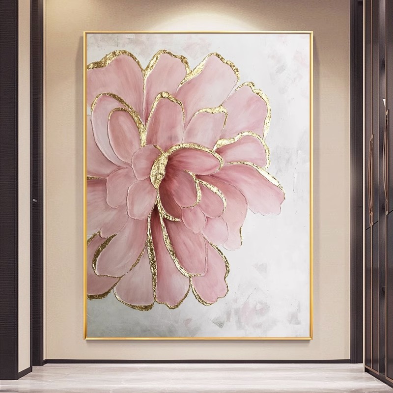 手绘油画金箔粉色花卉玄关装饰画现代轻奢客厅背景墙大幅餐厅挂画