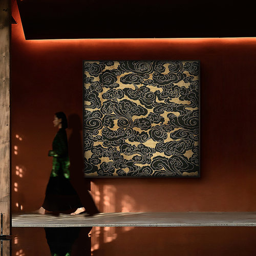 新中式玄关装饰画黑金轻奢祥云中古风书房茶室背景墙壁画禅意挂画
