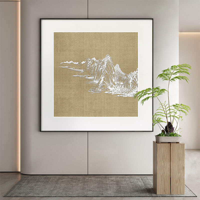 新中式客厅沙发背景墙装饰画2023新款餐厅大山风景砂岩画卡纸挂画
