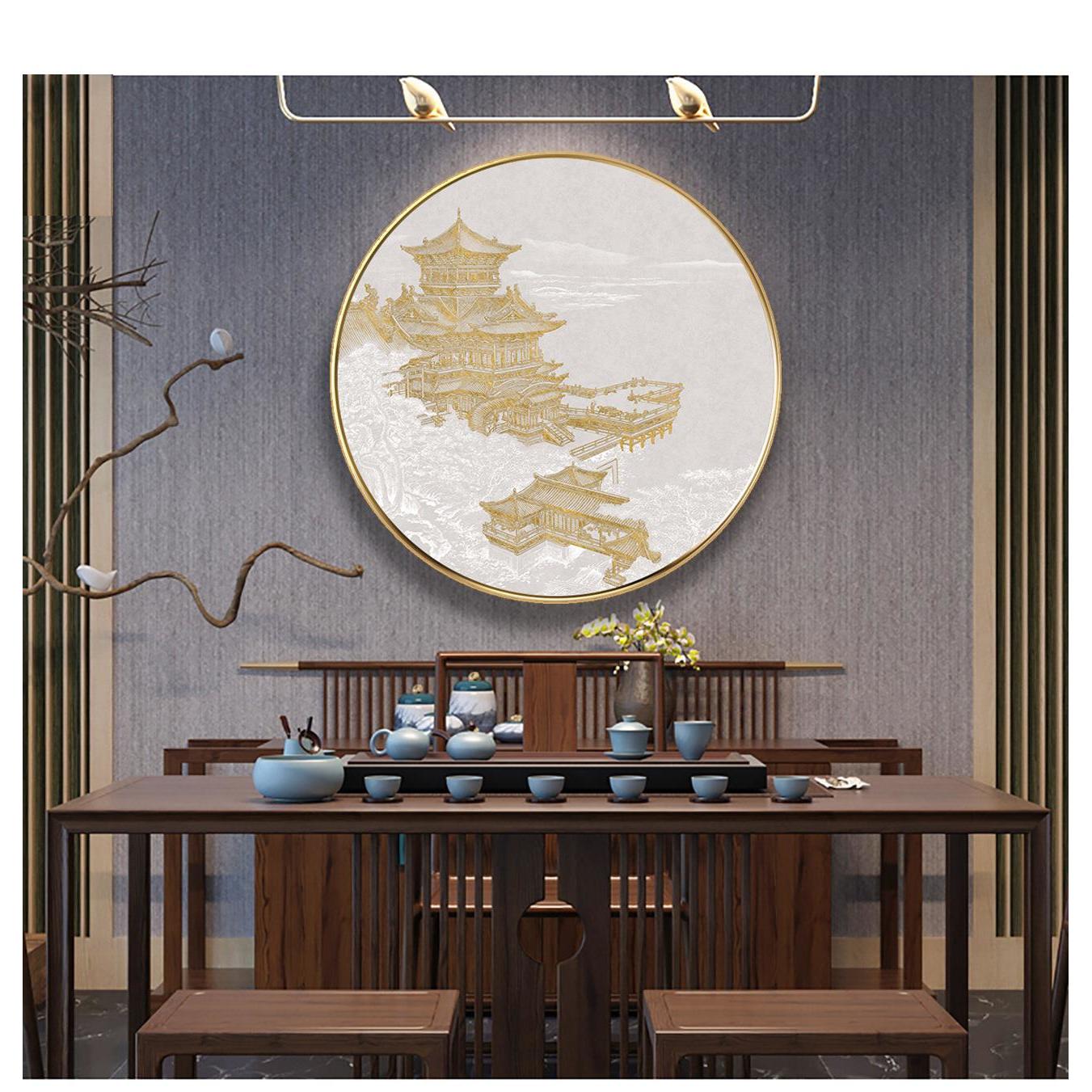 现代中式客厅沙发背景墙装饰画酒店别墅走廊过道竖版中国建筑挂画图片