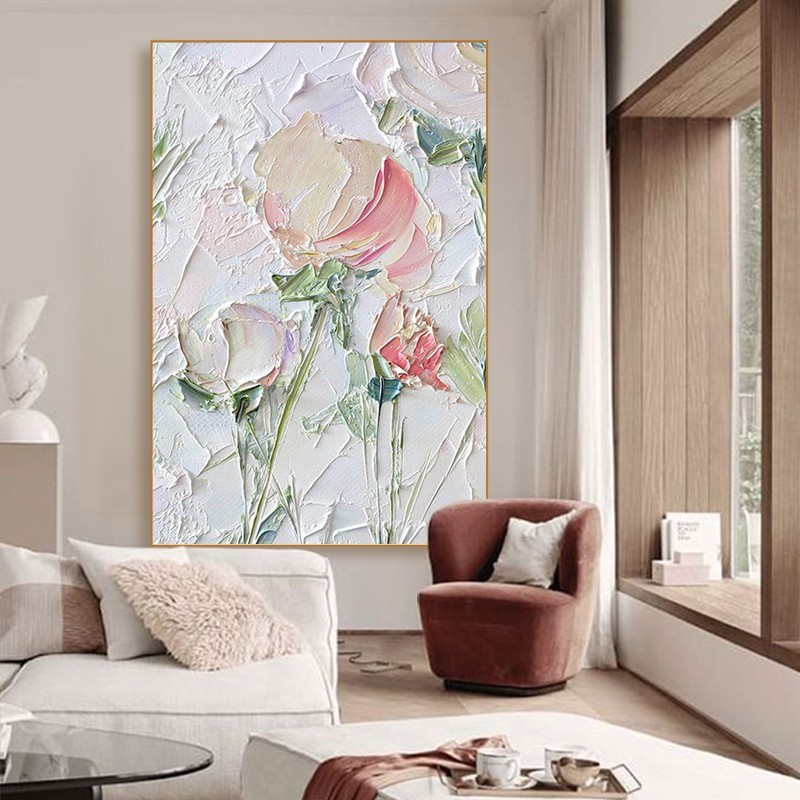 纯手绘油画厚肌理花卉餐厅轻奢装饰画玄关壁画客厅沙发背景墙挂画图片