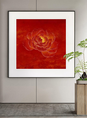 新中式红色牡丹花玄关方形装饰画茶室背景墙壁画别墅对门过道挂画