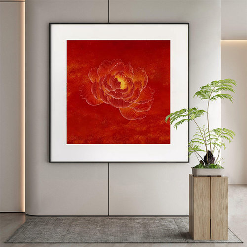 新中式红色牡丹花玄关方形装饰画茶室背景墙壁画别墅对门过道挂画