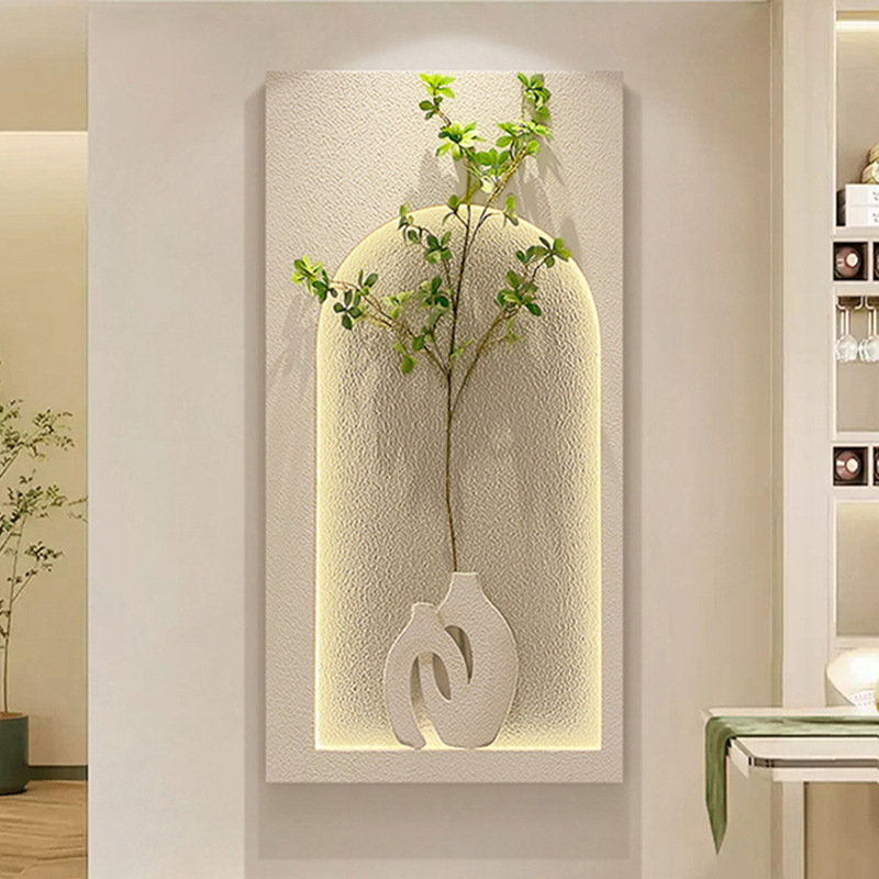 现代简约玄关装饰画砂岩3d立体客厅挂画奶油风绿植入户正对墙壁画图片