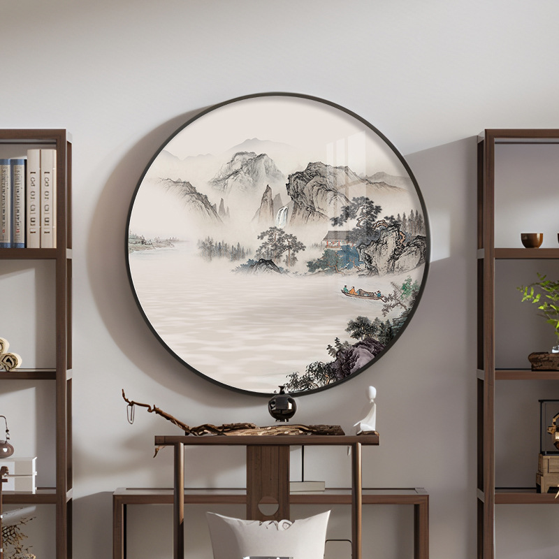 新中式玄关入户圆形装饰画山水画风景画客厅过道走廊禅意茶室挂画图片