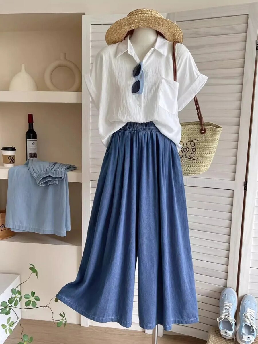 일본과 한국 스타일 게으른 스타일 탄성 허리 데님 와이드 레그 퀼로트 여성 여름 복고풍 느슨한 캐주얼 바지