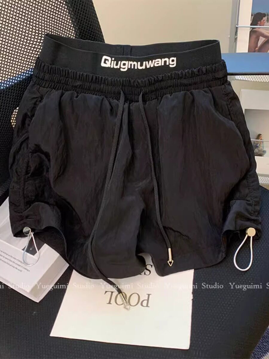 여성을위한 블랙 스포츠 반바지 2024 새로운 여름 DRAWSTRING 높은 허리 캐주얼 느슨한 작은 얼음 실크 캐주얼 바지