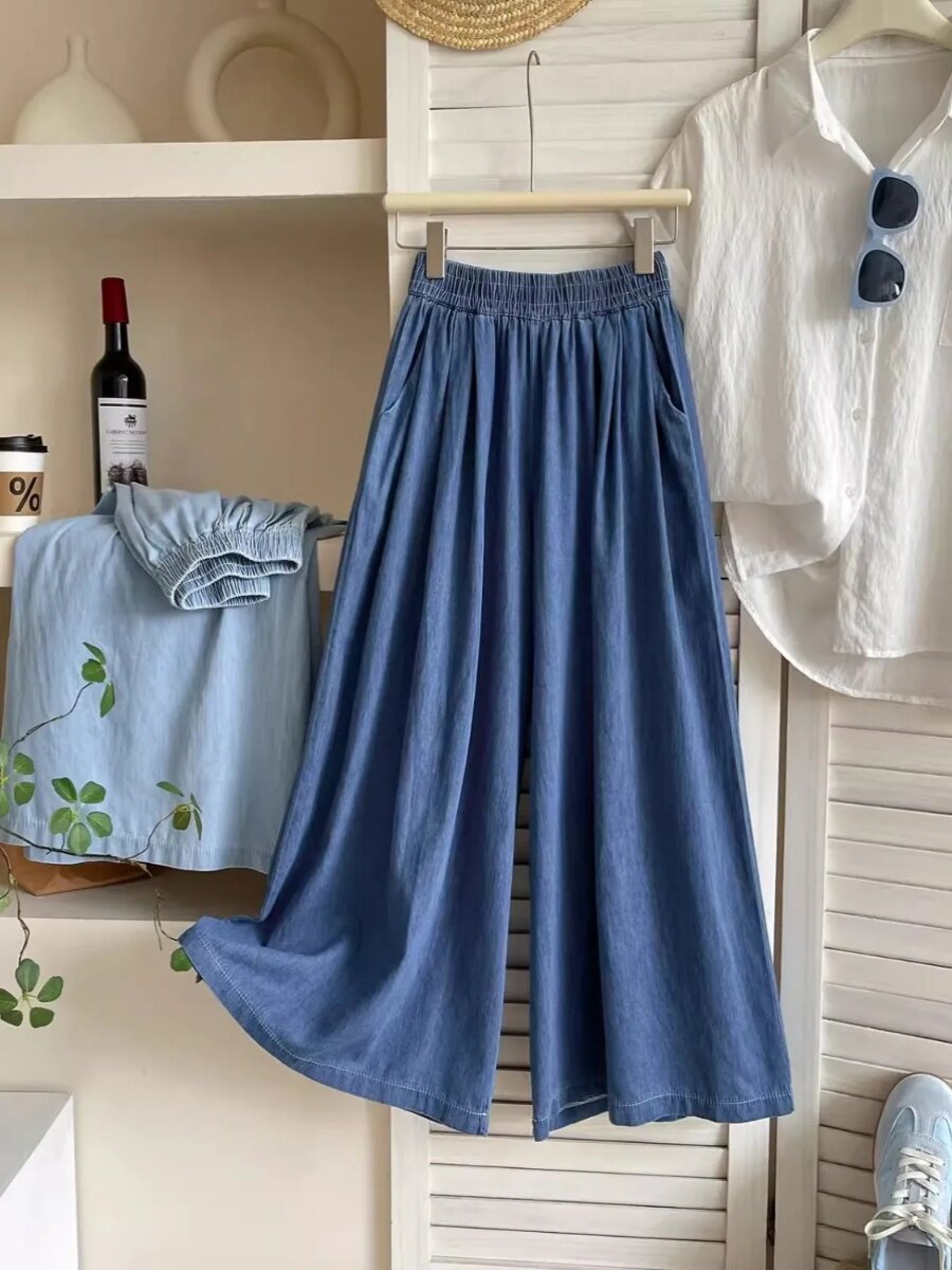 일본과 한국 스타일 게으른 스타일 탄성 허리 데님 와이드 레그 퀼로트 여성 여름 복고풍 느슨한 캐주얼 바지