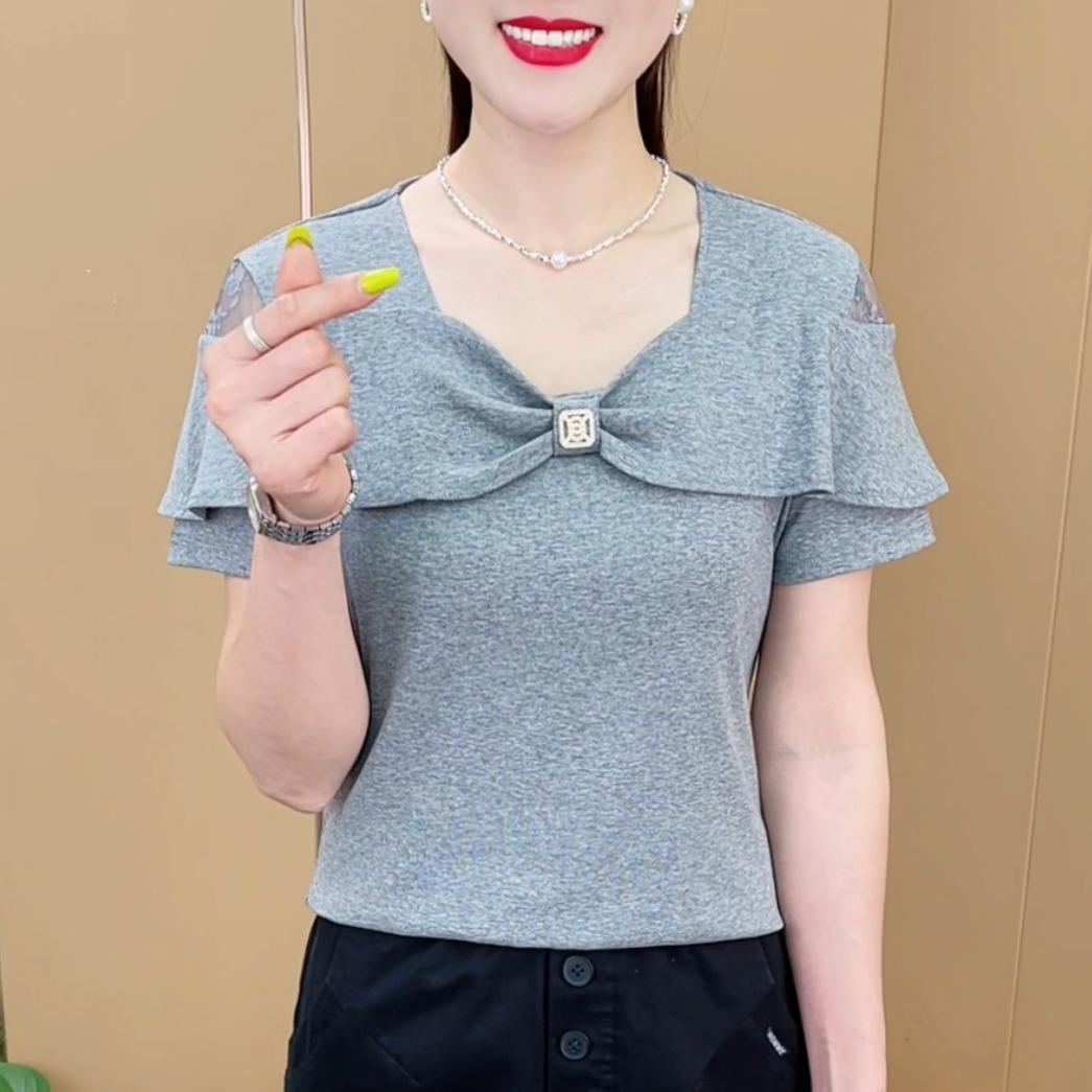 女士夏季新款时尚蝴蝶结蕾丝露肩短袖T恤设计感气质休闲百搭上衣
