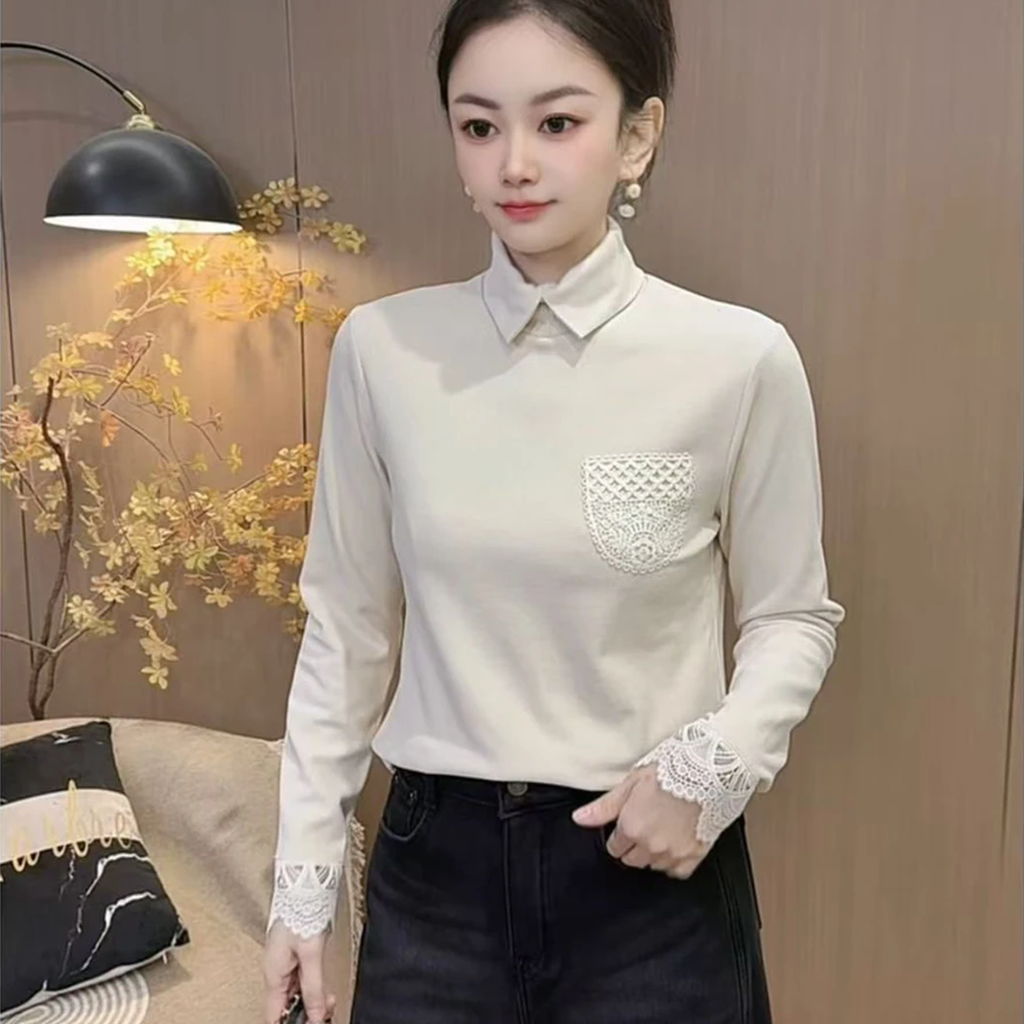 冬季新款双面绒拼接钩花花边长袖