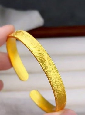 2025热卖复古手工刻花女手镯植物花卉图案千里江山手环