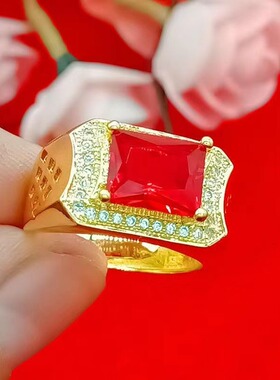 男士戒指活口沙金戒指可调节霸气轻奢红色方形大男戒