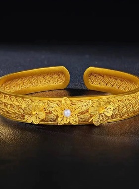 古法莲开福来手镯中式复古花丝仿真开口手环宫廷风女款手饰