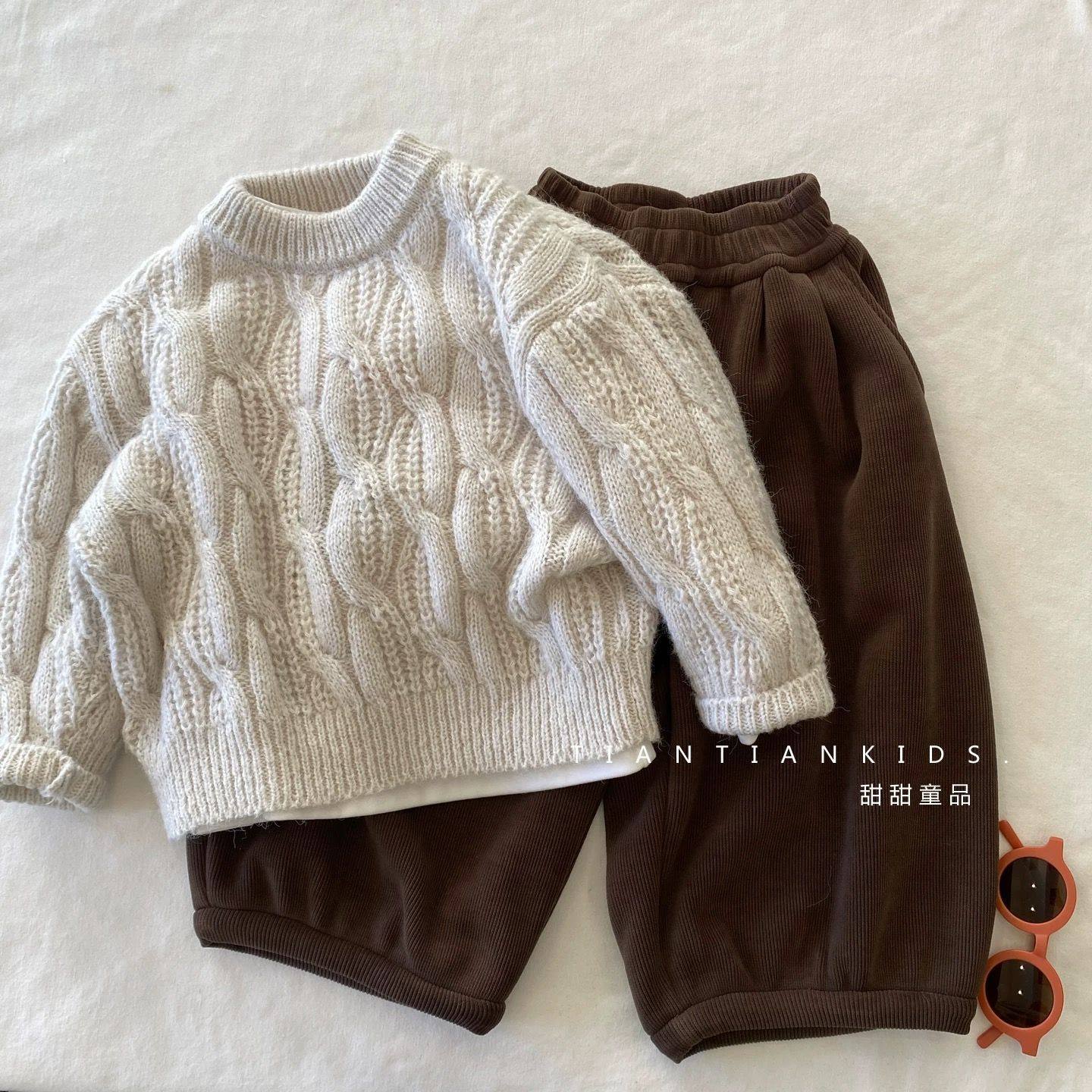 韩国童装儿童麻花毛衣秋冬装复古简约男女宝宝套头针织衫保暖上衣