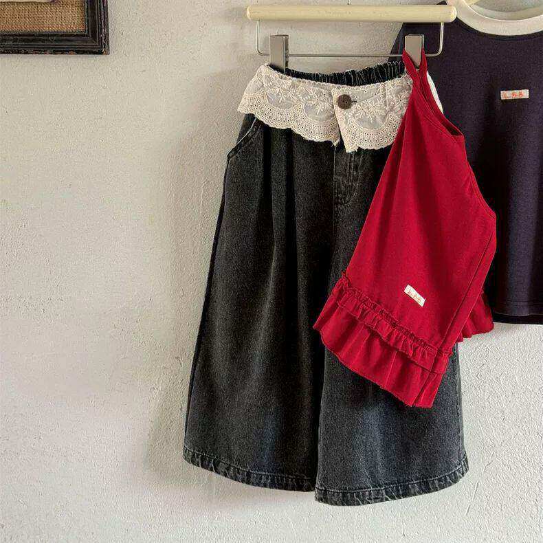 女童2026秋季新款韩版宽松洋气蕾丝花边加绒加厚牛仔直筒阔腿裤子