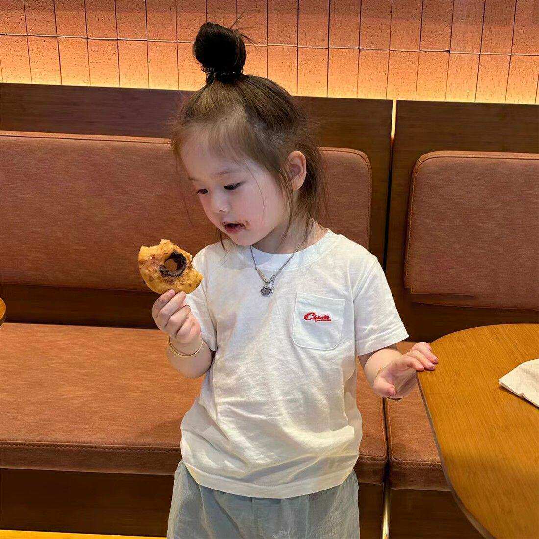 女童短袖夏季新款洋气宝宝字母印花T恤儿童棉质口袋薄款上衣洋气t