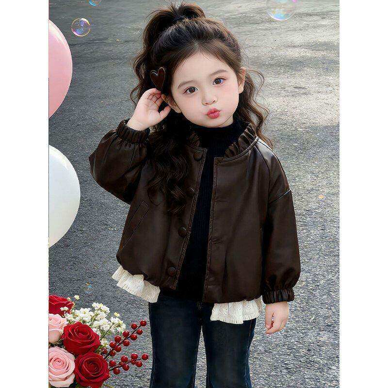 女童棕色皮衣外套春秋款新款小女孩休闲时尚百搭夹克儿童春季上衣
