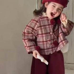 女童套装 洋气格子加绒外套圣诞节红色穿搭 25秋冬小香风蓬蓬裙时尚