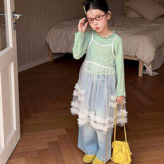 女童套装2026新款儿童网纱拼接连衣裙个性打底衫破洞牛仔裤三件套
