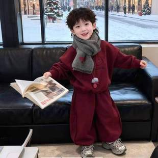 男童新年喜庆拜年服套装冬季2026新款中小童过年卫衣卫裤两件套潮