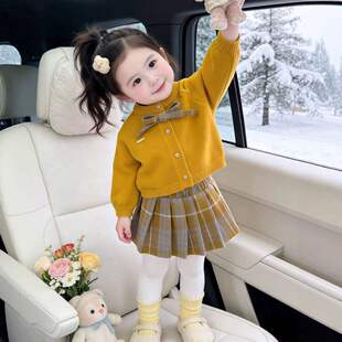 女童幼儿园秋冬季新款甜美洋气蝴蝶结针织开衫格子百褶半裙套装潮