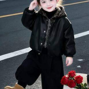 加绒夹棉外套女童假两件豹纹夹克衫加厚冬装洋气韩版宝宝皮衣超酷