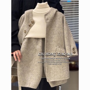 韩国童装2025秋冬新款男女童毛呢套装儿童洋气连帽呢子大衣萝卜裤