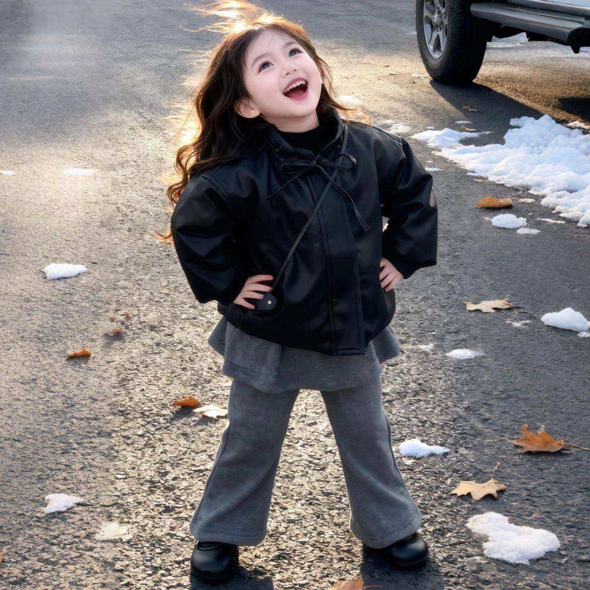 女童帅气加绒加厚皮衣外套儿童磨毛打底衫一体绒屁帘喇叭裤三件套,童装/婴儿装/亲子装,套装,淘宝优惠券,粉丝福利购,淘宝优惠卷