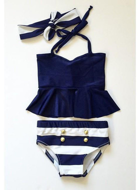 Fashion Casual Slim Striped Kids Baby Girl Bikini Suit Navy