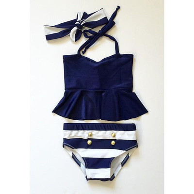 Fashion Casual Slim Striped Kids Baby Girl Bikini Suit Navy
