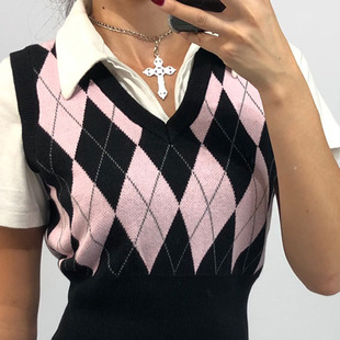 Vest Crop Sleeveless Neck Sweater Argyle Top Y2K Vintage