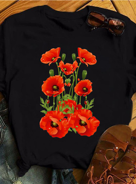 Red Poppy Women T Shirt Casual Funny Tshirts Kawaii Tees Top