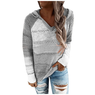 Hooded Patchwork Women Sleeves Casual Long Fashion Neck