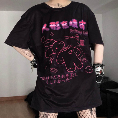 футболка Harajuku bunny Print Black Crop Women T-shi