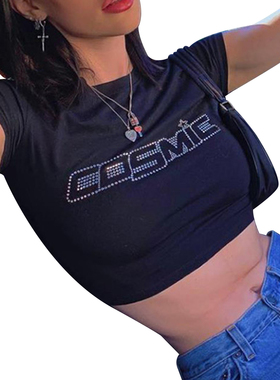 DEWADBOW Women Summer Y2K Short Sleeve Crop Top Shiny Hot Dr