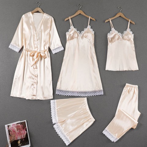 Satin Women Home Dressing Gown Sexy Lace Pajamas Suit Casual