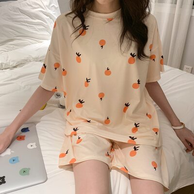 Cute Orange Fruit Print Summer Pajamas Set For Women Girls L