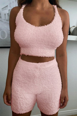 Two Piece Fluffy Pajama Sets Women Halter Backless Bralette