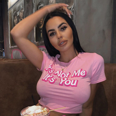 Leaky summer shirt female pink letter printing high waist sh