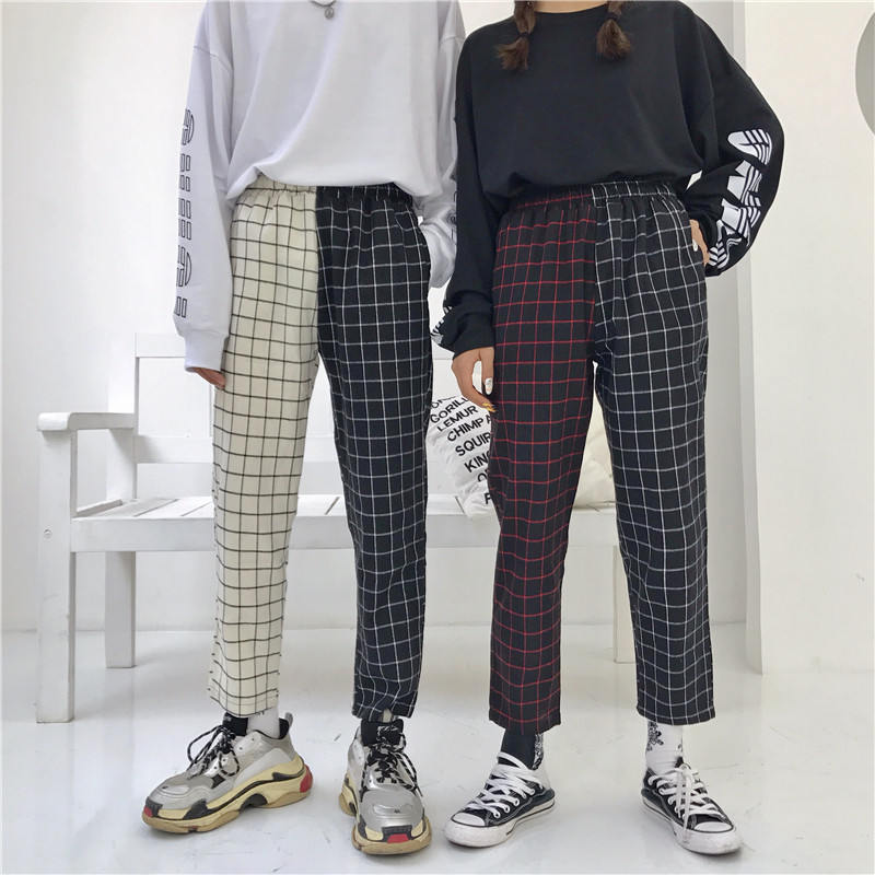 Fashion Vintage Plaid Patchwork Pants Harajuku Woman Man Tro