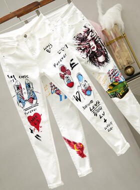 plus Size Women White Denim Jeans Cartoon Graffiti Flowers P