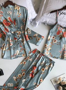 3PCS Women Pajamas Set Lady Emulation Silk Pyjama Sets Flowe