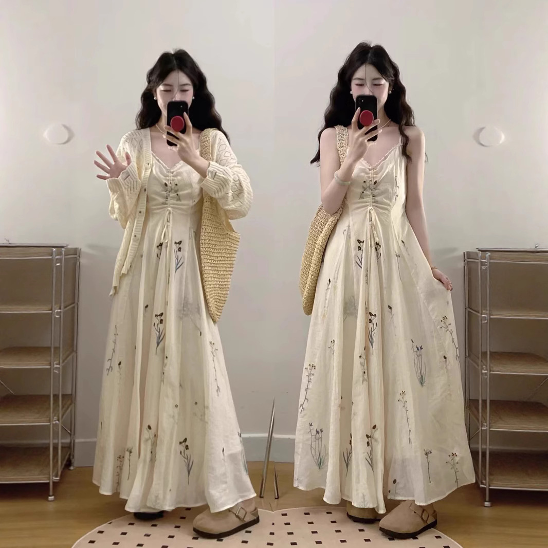 大码法式气质连衣裙女胖mm慵懒风镂空开衫水草花复古长裙两件套
