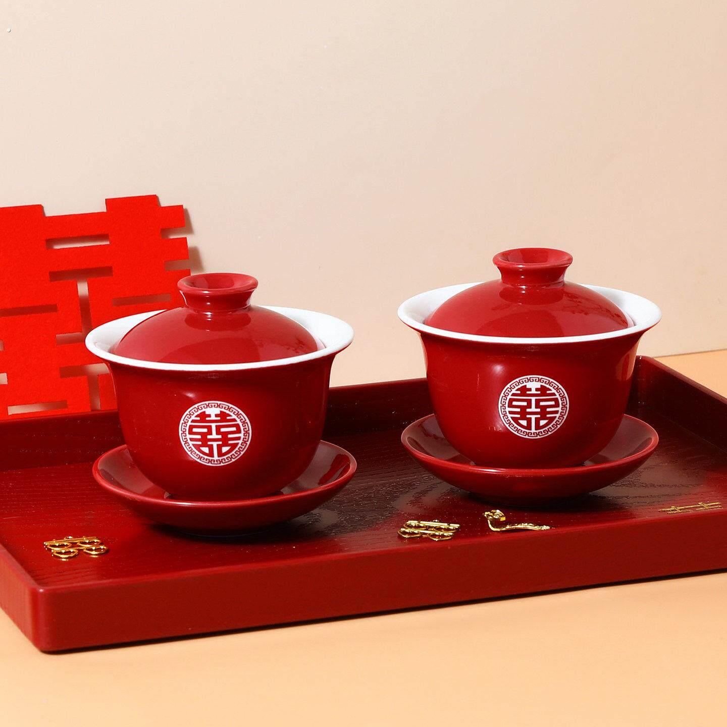 敬茶杯结婚一对喜碗陪嫁碗杯筷茶具套装改口敬酒红色盖碗婚礼用品